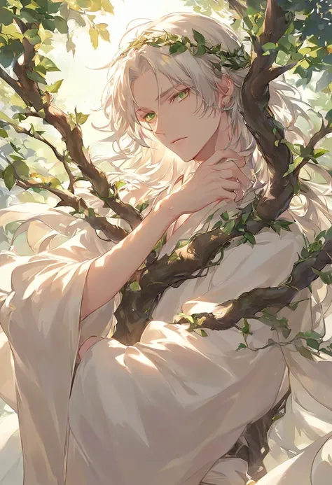 "A highly detailed, ultra-high-quality anime-style illustration of a male character personifying a thorn-covered tree. His long, flowing white hair cascades naturally, each strand finely rendered with soft highlights and silky texture. His deep, mesmerizin...