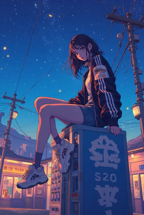 A girl, sitting on a vending machine,(low view:1.3),Starry night, under the street lights, stylish sneakers,Anime scene, fireflies flying around, heartwarming,The peaceful atmosphere of a summer night, Adidas jacket,High Resolution, Masterpiece, Accurate, ...