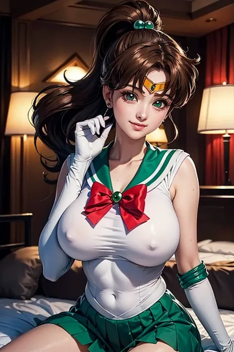   top quality,  Hi-Res,  Sailor Jupiter, Ultrathin sailor suit that shows your stomach、 white gloves,  ponytail,   jewelry,  earrings、 hotel bed、Lie down on the bed、 have smiling faces,  big breasts,  athletic body that jets,  complex anatomical features  ...