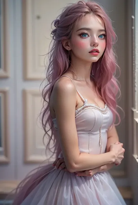 Photographically, very detailed, Very real, hyperrealism , super realistic, best quality,(masterpiece, soft lighting, Stylish eyes with attention to detail : 1.2), a pretty young girl,(cute), sleeveless, sheer off-the-shoulder tutu,Tights ,Can you loosen t...