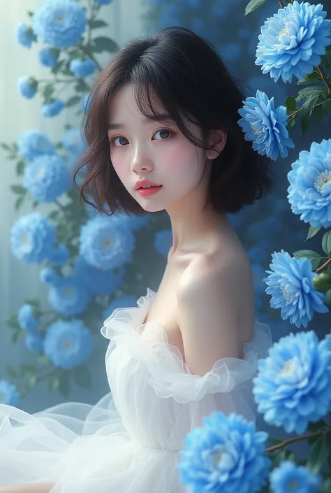 A 19-year-old girl with short brown hair black eyes  ,  in a white dress and surrounded by two-tone blue and white carnations 