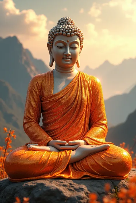 Realistic image of Buddha wearing orange glitter, sunshine, clouds in the sky, mountain peaks