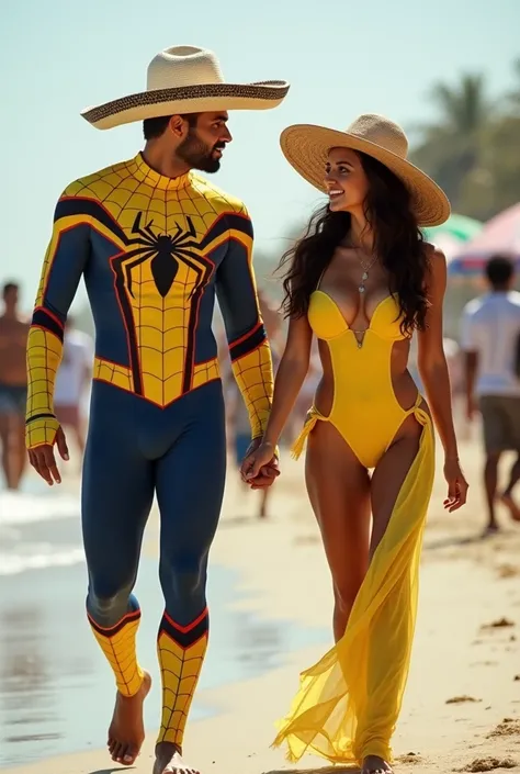  A man wears a yellow and white spiderman costume, wearing mexican hat  dan seorang wanita cantik,brown , wearing a sexy yellow and white spiderman costume,wearing mexican hat ,walking together on a beach in mexico city , background people are walking , re...