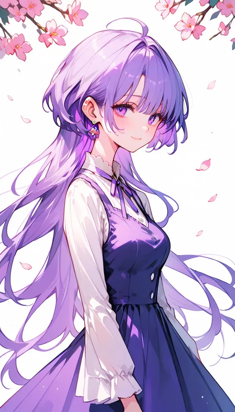 An attractive anime girl with piercing purple eyes that sparkle with a mysterious allure. Her long, flowing purple hair cascades down her back, adorned with delicate strands that frame her gently blushing cheeks and a solitary, lilac-colored ribbon that ti...