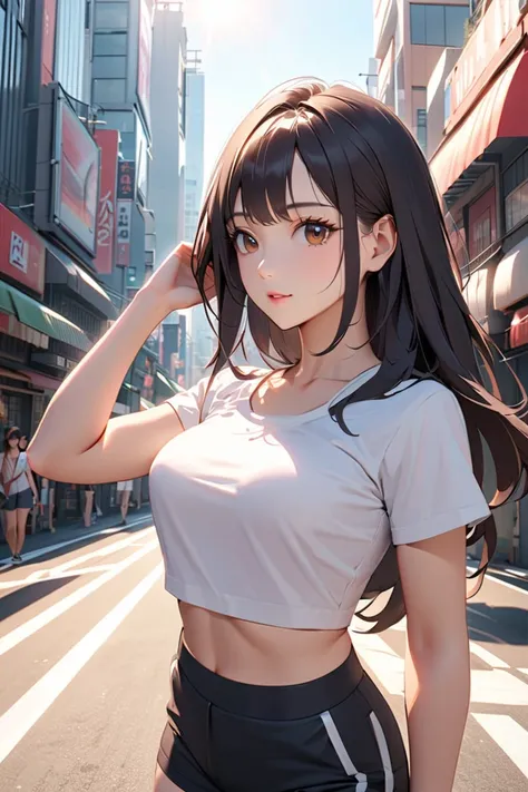   best quality , unity , soft , super detail,  beautiful , 8k, 1 girl ,  Black long hair , brown eyes, short sleeve crop top,  shorts,  outdoor,   bright, sun,  clear sky, Buildings in Tokyo ,  mature women