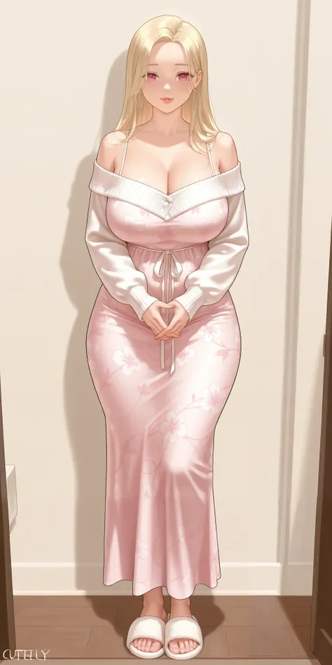 An extremely beautiful woman with blonde hair. She has extremely fair white natural skin, red plump lips, big pink eyes, and a perfect sexy curvy body. She's wearing a long pink floral dress with spaghetti straps, a white front-open sweater worn in an off-...