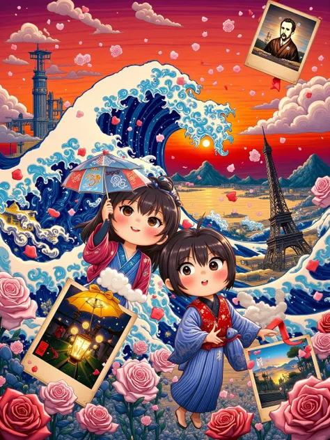 Hokusai wave lines and Munch's The Scream palette, indigo & blood-orange clash. Chibi couple in ukiyo-e kimonos under twisted sakura, girl umbrella morphs into screaming face, boy broken lantern reflects Van Gogh swirls. Background merges Hiroshige station...