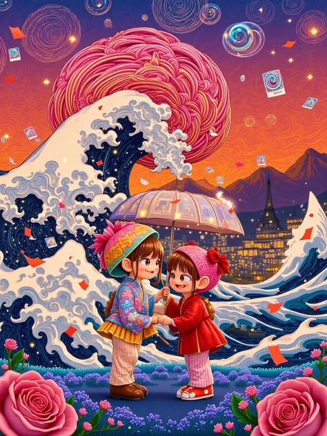 Hokusai wave lines and Munch's The Scream palette, indigo & blood-orange clash. Chibi couple in ukiyo-e kimonos under twisted sakura, girl umbrella morphs into screaming face, boy broken lantern reflects Van Gogh swirls. Background merges Hiroshige station...