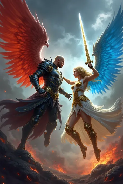 A bald angel with red wings and black armor holds a sword of light and fights with his female partner with blue wings and gold armor against demons