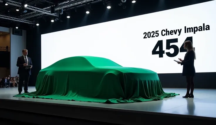 
"An automotive unveiling event featuring the 2025 (.   2025 Chevy Impala 454      ). A large, sleek car is covered with a green cloth, its silhouette visible on a well-lit stage. Two professional presenters, a man and a woman in formal attire, stand besid...