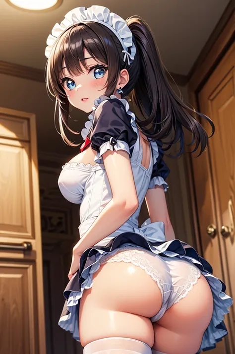 A beautiful girl in a maid outfit cleaning a table, anime girl, 1girl, (20 years old girl), (aged up), study room, light brown skin tone, dark blue hair, long bangs, curly hair, hair behind ear, long hair, shiny hair, high ponytail, hair bow, maid headdres...