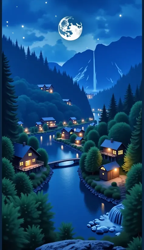  The picture of the country house on the river is very beautiful  , breathtaking view at night  .  behind the house there is a waterfall flowing from the mountain,  the atmosphere of the night pictures of the rain splashes  , The picture brings us to Nosta...