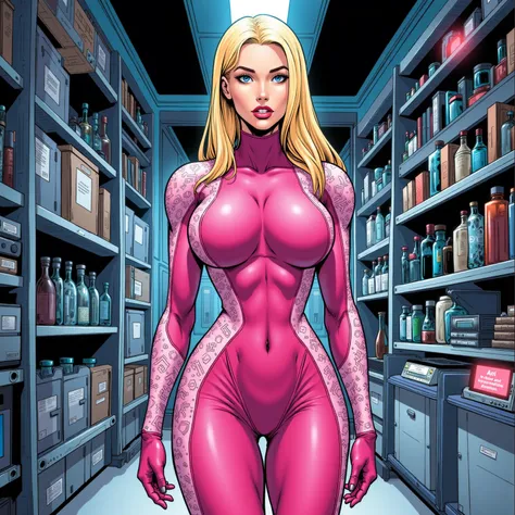 A highly detailed full-body comic book illustration, 1girl, alone, Natural Breast, voluptuos breast, ((light pink and dark pink mix tight full bodysuit)), (big boobs), long and smooth blonde hair, bright and expressive blue eyes, beautiful eyes, long strai...