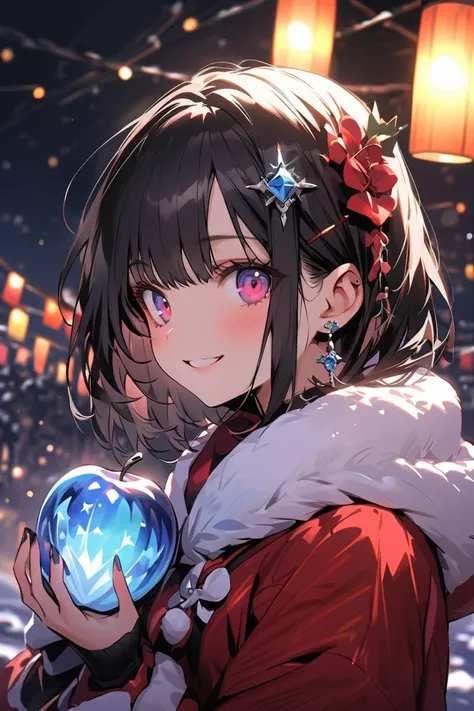  top quality　 Masterpiece　 Hi-Res　 Masterpieceグレーアイズ　Flowerpunk、Sparkling light particles、鮮やかな gradation 効果、blue crystal apple（ gradation ）、  black hair、length、smile、sight、Winter Scenery、 black background、night