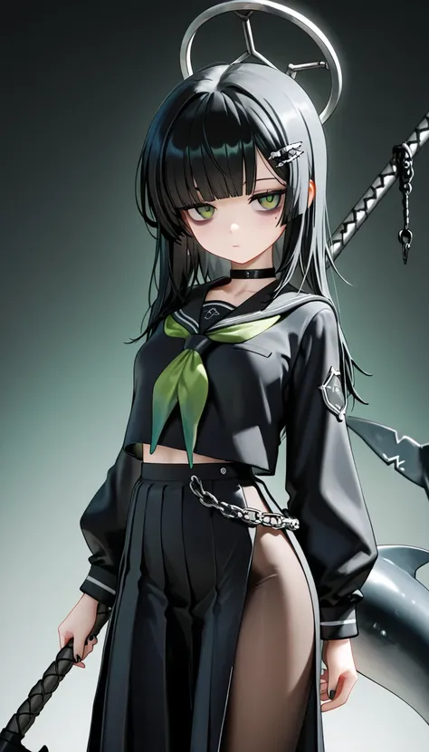 1girl, green eyes, Black Hair (green gradient), blunt bangs, black shark tail, small Breast, choker, pantyhose, black nails, masterpiece, best quality, Perfect details, perfect composition, absurdres, newest, very aesthetic, amazing quality, highres, black...