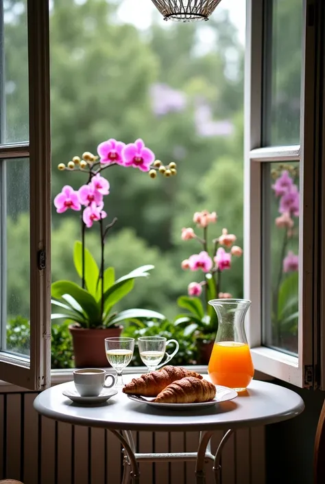 Je voudrais une jolie photo. Une fenêtre grande ouverte avec vue sur un jardin botanique, des plantes vertes partout, des orchidées avec des fleurs de toutes les couleurs. Au milieu du jardin il y a une table ronde en fer forgé blanche. Sur un plateau il y...