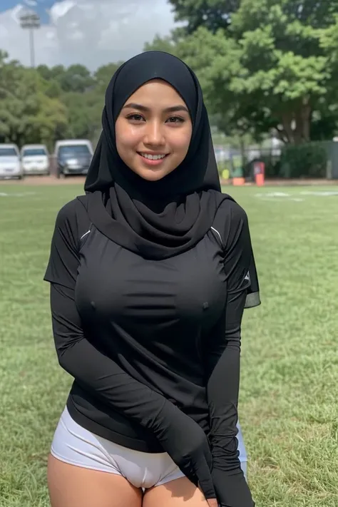 RAW, Best quality, high resolution, Masterpiece: 1.3), Beautiful malay woman in rugby outfit wearing shawl style hijab, non naked, big head, wearing jersey outfit, flawless face, cute face, pretty malay face, beautiful white teeth, Masterpiece, Perfect plu...