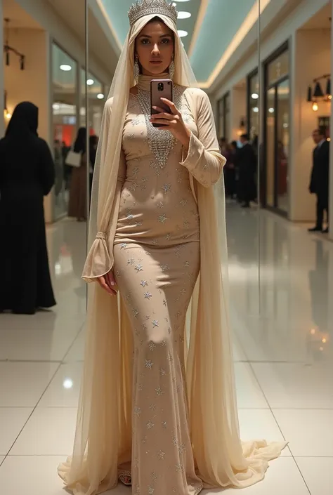  Arabian curvy slim thick flaunts curves in extremely skin tight full body Arabic star and crescent print abaya hijab dress with transperent long shiny scarf on head.silver high heels.shiny silver crown on head.long earrings.taking mirror selfie in front o...