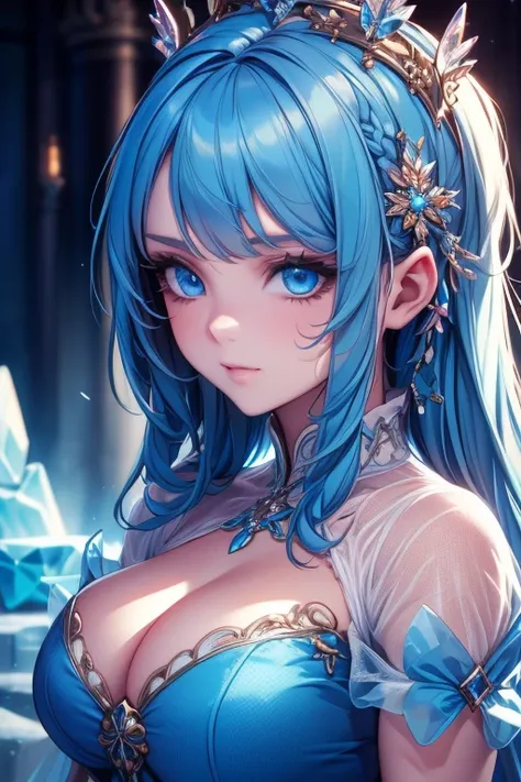 girl, beautiful face, (face detail), long blue hair with ice crown, (hair and hair ornament detail), crystal blue eyes, (ultra eye detail), long ice blue dress style, (clothes detail), half body pose, (body detail), charming gaze, ice kingdom background, (...