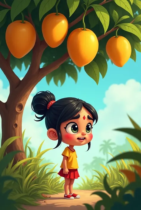 Akash approached the tree with fear. Her tongue watered at the sight of the mangoes, but an unknown fear was also working in her mind.Generate as cartoon