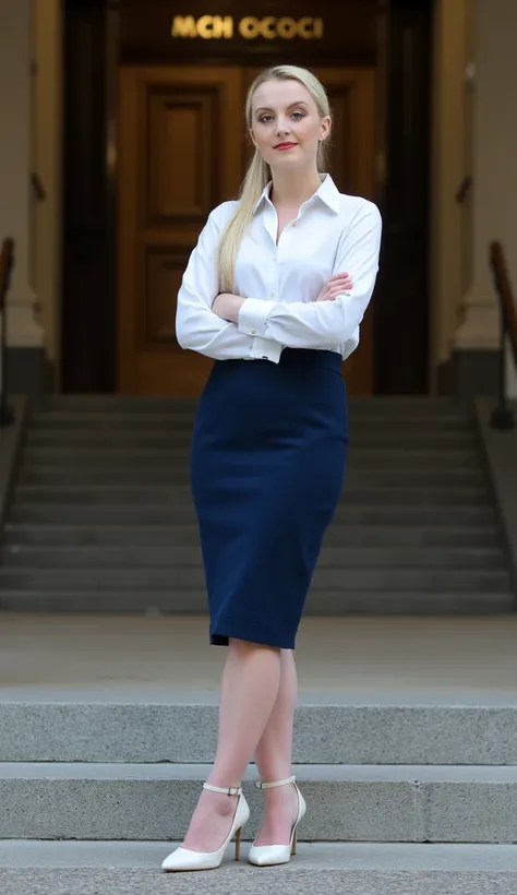  Realistic picture, evanna lynch, blond hair, ponytail,  business suit ,  dark blue pencil skirt, white unbuttoned blouse , white stiletto heels with ankle straps ,  stairs in front of the entrance to the Polish school, looking at the camera ,  camera from...