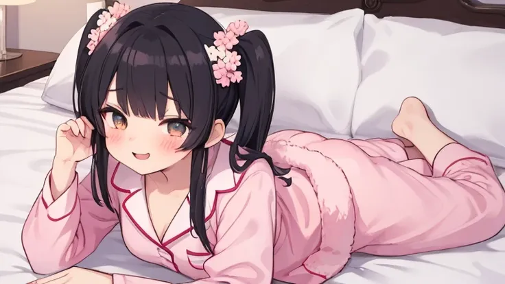 Please make me a little anime style BB with 1 twin tail and black hair and amber eyes for 1 girl。I'm wearing pink white leather pajamas  