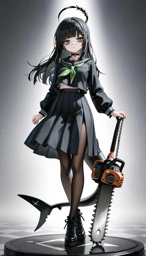 1girl, green eyes, Black Hair (green gradient), blunt bangs, black shark tail, small Breast, choker, pantyhose, foot, black nails, masterpiece, best quality, Perfect details, perfect composition, absurdres, newest, very aesthetic, amazing quality, highres,...