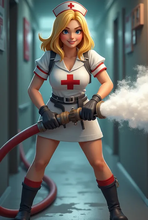 Doctor Mario's blonde nurse holds a fire hose with both hands. More remote viewing 