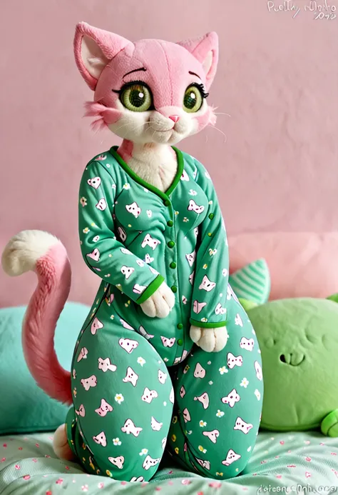 Small slender female plush kitten with good big thighs and pink fur and pretty green eyes and she wears pajamas and is a toy and has life and is very cute.