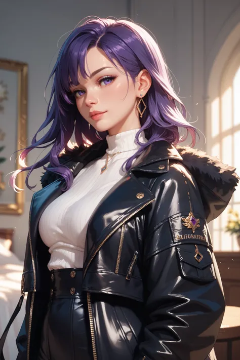 A beautiful girl with purple hair and a black jacket