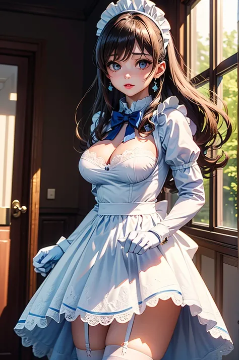 A beautiful girl in a maid outfit cleaning a table, anime girl, 1girl, (20 years old girl), (aged up), study room, light brown skin tone, blue hair, long bangs, curly hair, hair behind ear, long hair, shiny hair, high ponytail, hair bow, maid headdress, (f...