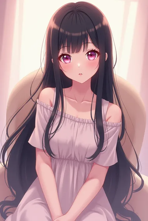 Anime style illustration, black hair, long, round face, eyes, pink, big eyes, clean, pure makeup, pure makeup, wearing a long dress with little exposure, sitting on a chair