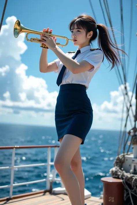 Sexy beautiful Japanese woman, a self defense officer uniform, wearing a white short-sleeved shirts, navy blue tie, navy blue pencil skirt, Black patent high heels, beautiful hip-line, Beautiful thighs, a woman standing on watchtower of ship, a woman playi...