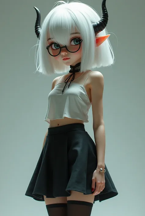 Girl with short white hair glasses horns short black skirt and black tights 