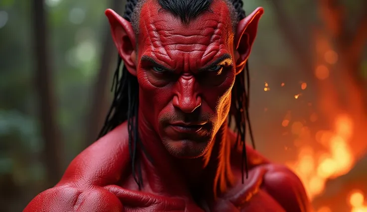 Avatar jake sully he's completely red at the back of the forest burning close shot Realistic anatomy,  Masterpiece , 