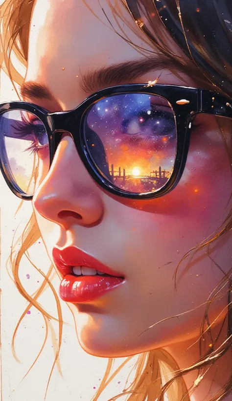 Create watercolor splash art style. A "close-up" of a cute girl. Wearing black glasses classic. Looking with a calm facial reaction. There is a beautiful reflection of the scenery in the girl's glasses. An interesting and beautiful close-up. Looks beautifu...