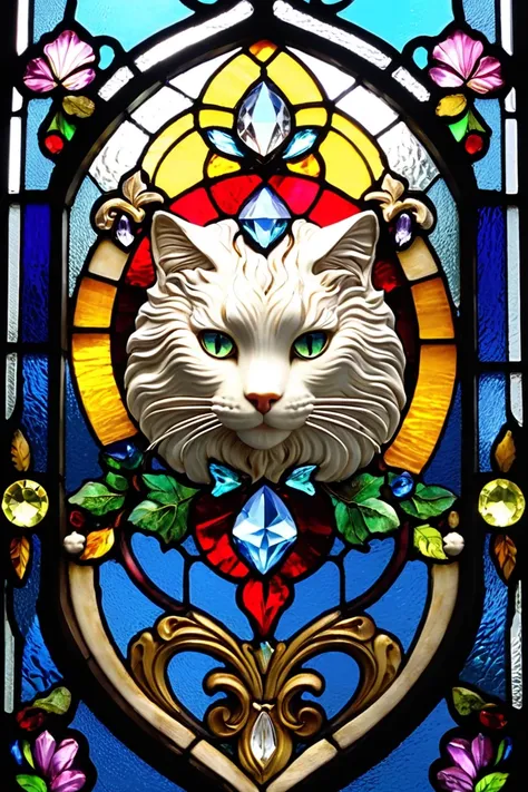  charming cat , gothic stained glass art style, , Three primary colors , Baroque, Claora,  very detailed that なステンドグラス,  Crystals, labradorite iridescent  Crystals,  Andy Kehoe , John Blanche, 複雑で very detailed that な背景,  fantasy,  filigree ,  filigree  de...