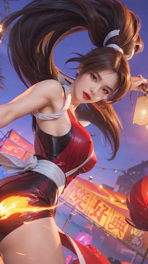 Mai Shiranui , ( best quality ,Ultra Details),( realistic :1.37),   beautiful face and detail , ultra- realistic  texture, exquisite face,  athletic body,   Bright Color  .   High definition , 8k,  wears red lipstick ,  reddish  .