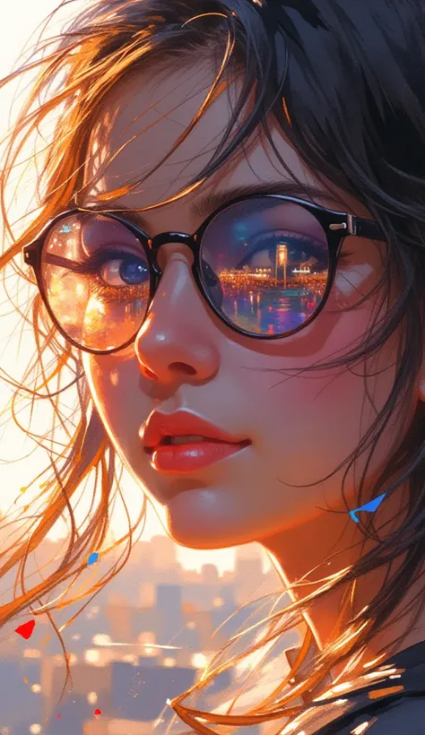 Create watercolor splash art style. A "close-up" of a cute girl. Wearing black glasses classic. Looking with a calm facial reaction. There is a beautiful reflection of the scenery in the girl's glasses. An interesting and beautiful close-up. Looks beautifu...