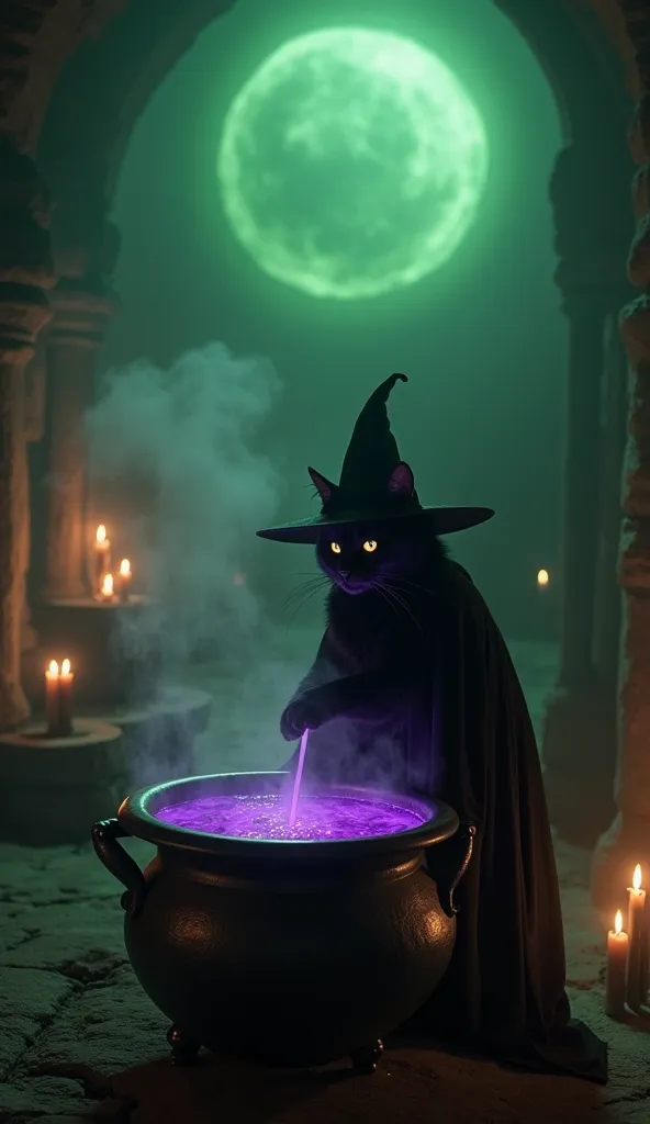  In the middle of a dark and misty room ,  a witch black cat wearing a pointy hat and a long black robe ,  stood in front of a large boiling cauldron . With its feathered claws ,  it stirs a purple viscous liquid shimmering with magical energy ,  while mur...