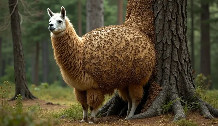 A stunning llama stands in a dense forest beside a tree, its entire body enveloped by a massive, light-brown beehive. The hive has a natural, intricate structure, resembling those found on trees, with clearly visible holes. Millions of large honeybees swar...