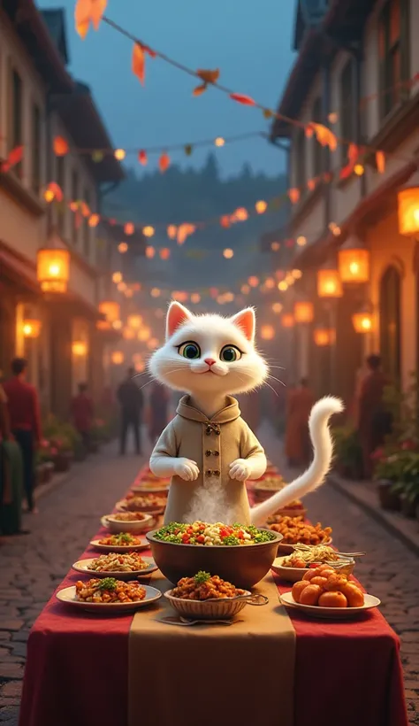 Create an image of a bustling town square at dusk, decorated with glowing lanterns and cobblestone streets. At the center of a long, festive table laden with various dishes stands Chef Whiskers—the white cat in a chef’s uniform—presenting a steaming bowl o...