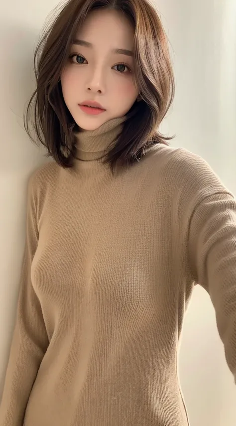  bob style shoulder length hairstyle  、  The tips of her hair are slightly wrapped  。 big breasts、(( best quality, 8k,  Masterpiece :1.3)),  1 girl、 selfie、( Extremely Realistic Photos ,  Hi-Res,  detailed face,  beautiful eyes), Taken in front of a white ...