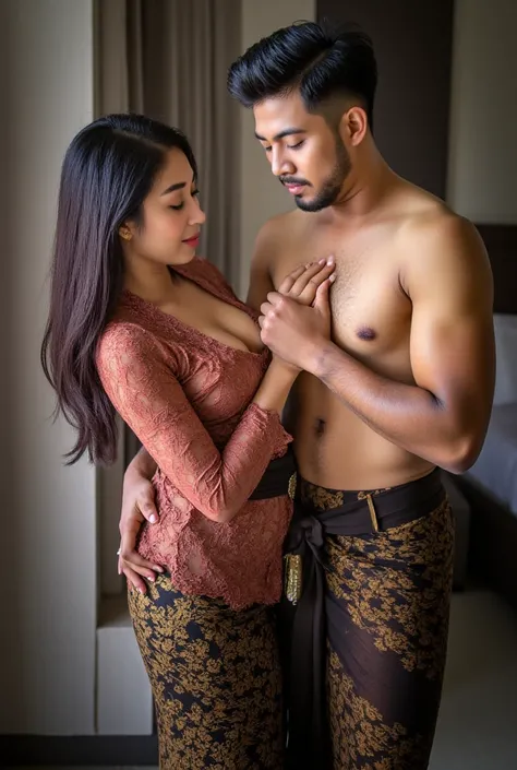 Indonesian girl feeling horny, hotel room, body photo, brown skin, a naked male grab her breast, tanned skin, sexy kebaya, long skirt, slim body, ((Bali batik: 1.4)) (big breast : 1.8), ((naughty pose)), very long black hair, ((tight dress)), sexy body, da...