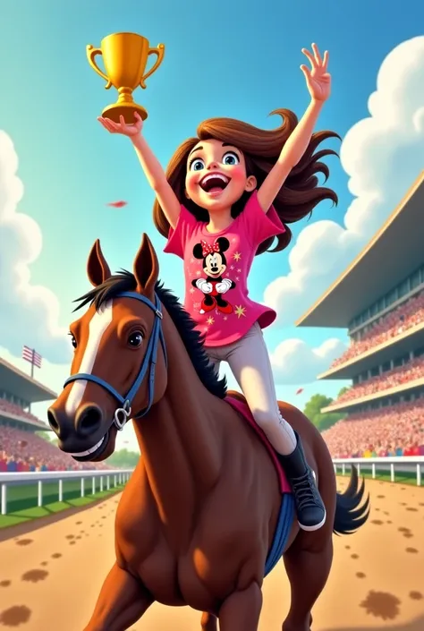 A girl with  with brown hair , a Minnie shirt the shirt is with Minnie dressed in red and pink paint,she riding on horse in race she win ,she very excited when got cup