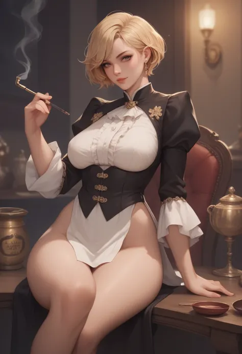 Score_9, Score_8_up, Score_7_up, Score_6_up, Score_5_up, Score_4_up, Source_anime, Tag1, Tag2, Quality_masterpiece, Anatomically correct, Detailed skin, Wide hips, Short Haired Female Cowboy in a Saloon in the Old West,Blonde,Sitting,Smoking Pipe,Table Wis...