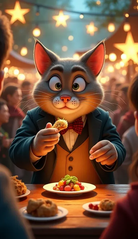 Capture a magical, pivotal moment at the festival where a distinguished, mysterious food critic takes his first bite of Chef Whiskers’ dish. The critic’s face lights up with awe and delight as the surrounding crowd watches in admiration. Render this scene ...