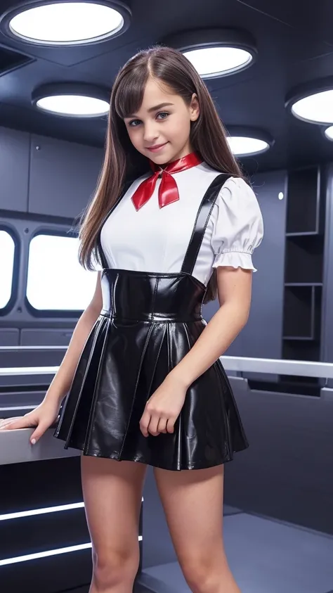 cute 15-year-old girl, happy, smiling, silky smooth skin, flying a fancy metal luxurious space ship, futuristic cockpit, outer space seen in windows, dark warm lighting, ((wearing a futuristic High Waisted black leather skater pleated pinafore, white blous...