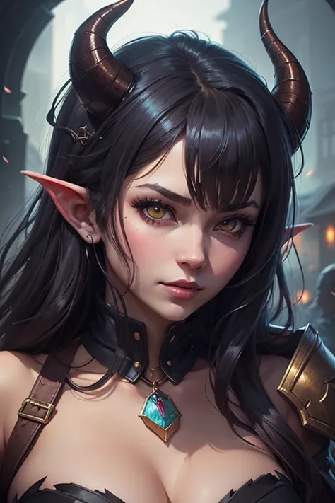 a woman with horns and horns on her head, dnd portrait of a tiefling, tiefling, rossdraws 1. 0, demon girl, portrait of demon girl, rossdraws 2. 0, tiefling from d & d, artwork in the style of guweiz, tiefling female warlock, beautiful succubus, demon slay...