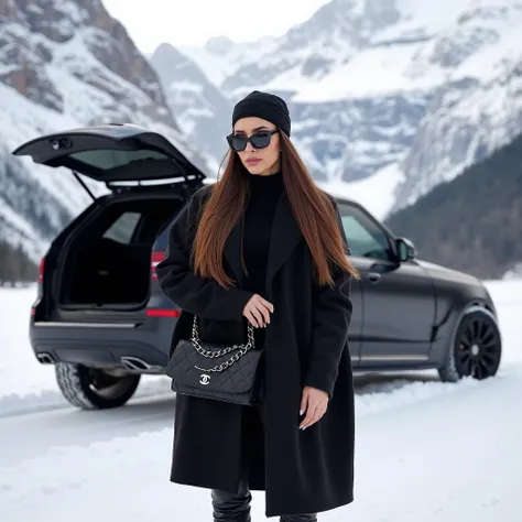 
Une femme élégante, brune foncee, cheveux tres longsvêtue entièrement de noir pose à côté d'un SUV de luxe noir mat avec le coffre ouvert, dans un paysage hivernal enneigé. Elle porte un manteau chic, un bandeau noir sur la tête, des lunettes de soleil ét...